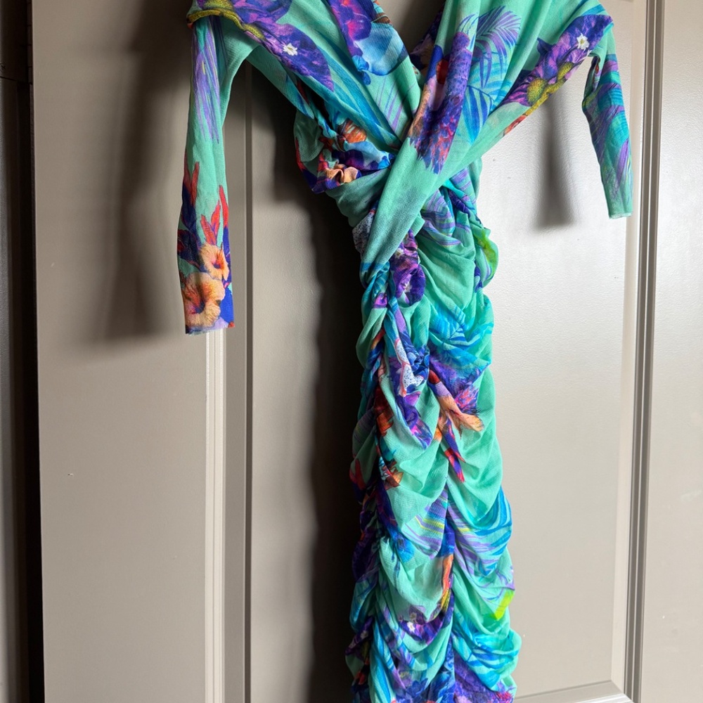 Fuzzi  Dress Tropical Ruched Mesh Mini - Picture 3 of 5